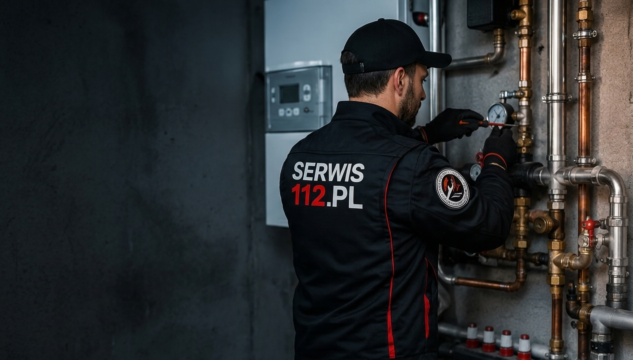 Serwisant Serwis112 w firmowej kurtce majstruje przy kotle gazowym