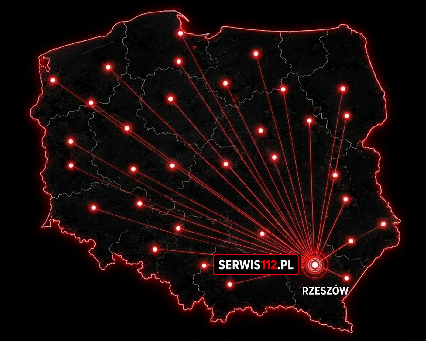 Mapa ogólnopolskiego zasięgu Serwis112 z siedzibą w Rzeszowie