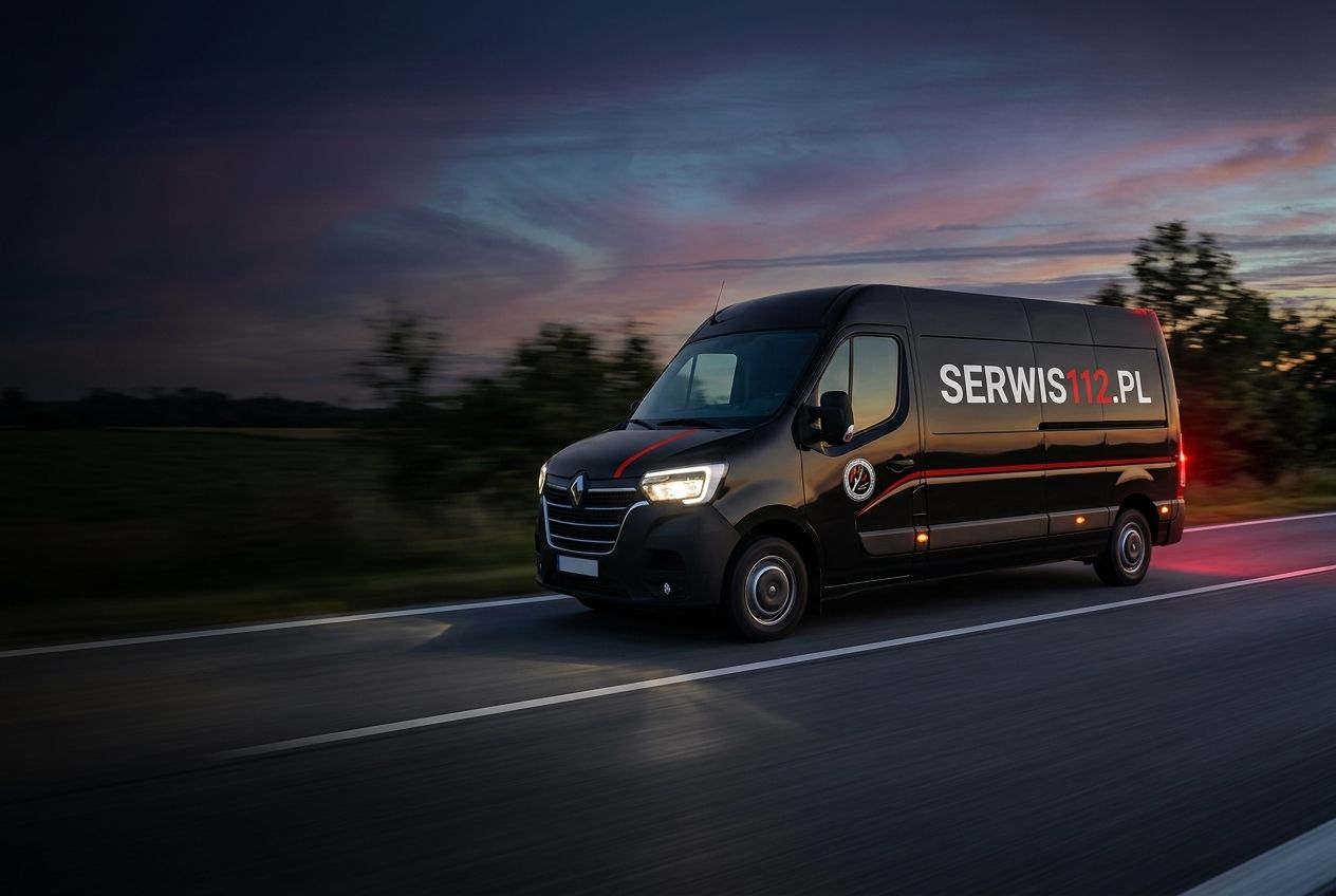 Oznakowany bus serwisowy Serwis112 w trasie o zmierzchu